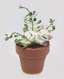 Dollhouse Miniature Cat In Flower Pot